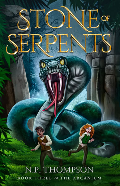 A giant teal-coloured snake in the midground is chasing Ty and Ayslenne, who are trying to run away. In the background there are tumbled stones and jungle plants.
