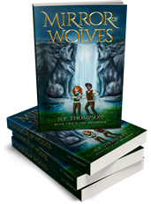 A stack of paperback books showcasing the cover for Mirror of Wolves.