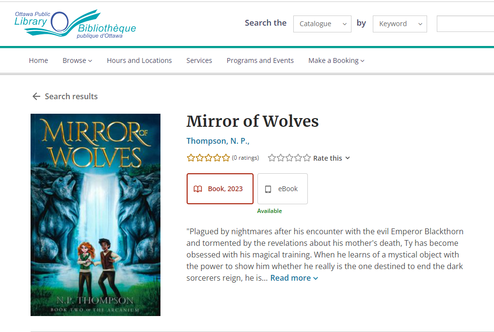 Screen capture of Mirror of Wolves page on the Ottawa Public Library catalogue search page.